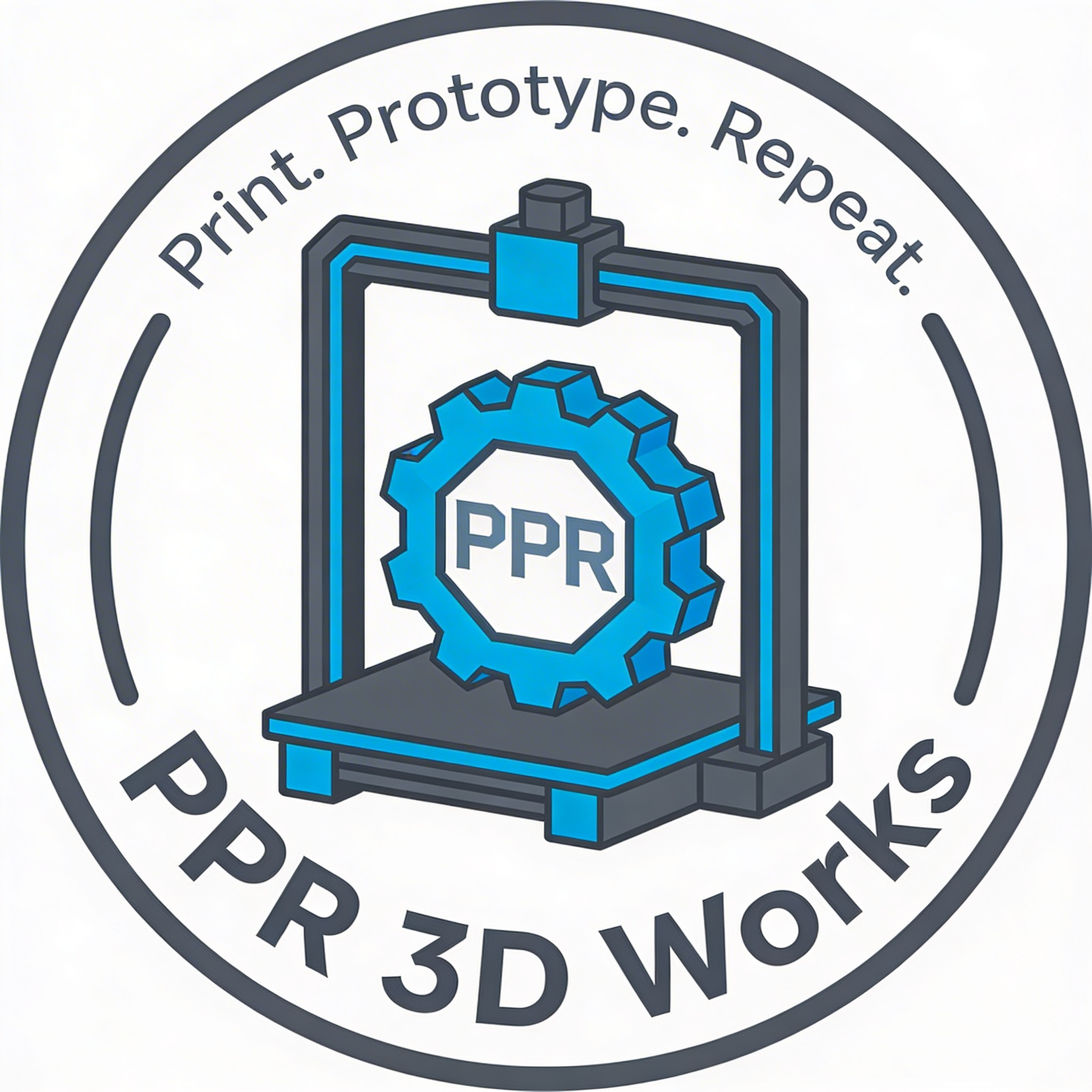 Round PPR 3D Works logo with a blue and gray 3D printer illustration and the words Print. Prototype. Repeat.